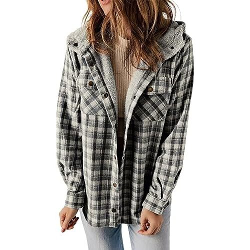 Dokotoo Womens Plaid Shacket Jacket Long Sleeve Button Down Fleece Hooded Jackets Warm Coat