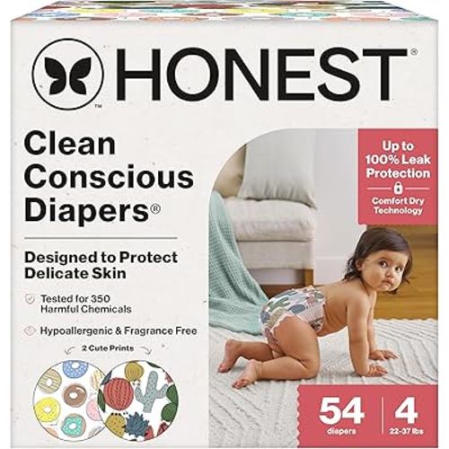 The Honest Company Clean Conscious Diapers for Delicate Skin | Up to 100% Leakproof | Hypoallergenic, Fragrance Free | Gender Neutral | Club Box, Size 4 (22-37 lbs), 54 Count (Prints May Vary)