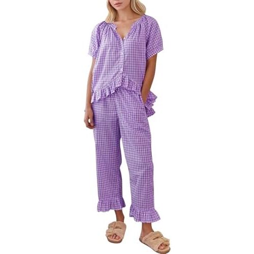 COZYPOIN Womens Gingham Pajama Set 2 Piece Plaid Cotton Pjs Cute Ruffle Sleepwear Maternity Bridesmaid Pajamas Loungewear
