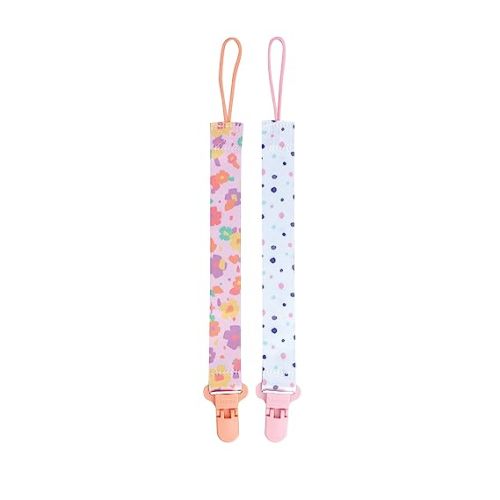 Nuby Pacifinder Baby Pacifier Clip - (2-Pack) - Pacifier Holder Clip with Convenient Hook Loop - Flowers and Polka Dots