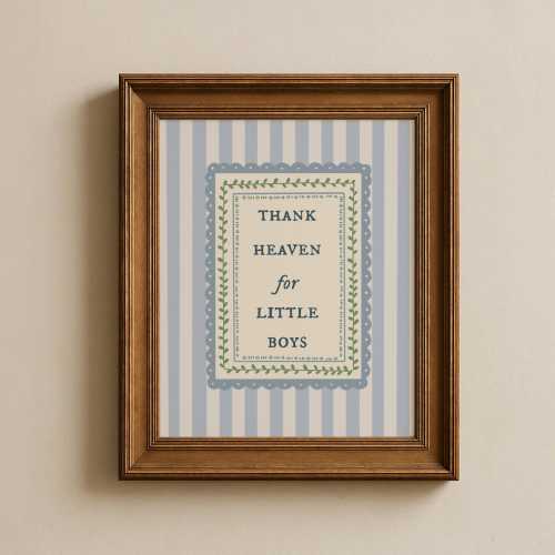 Thank Heaven for Little Boys Wall Art, Blue Stripe Nursery Quote Print, Classic Baby Boy Room Decor, Vintage Nursery Printable