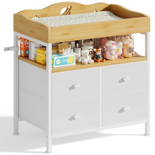 POKIPO Bamboo Changing Table Dresser with Sturdy Metal Frame, 4 Fabric Drawers, 3-in-1 Baby Dresser with Changing Table Top, Diaper Changing Station and Storage Organizer for Modern Nursery