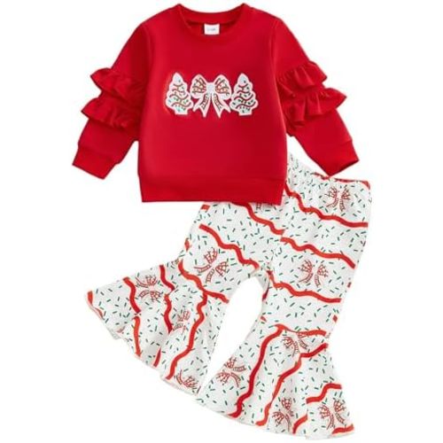 TheFound Infant Baby Girl Clothes Newborn Ruffle Long Sleeve Ribbed Romper Print Bell Bottom Toddler Baby Fall Winter Outfit
