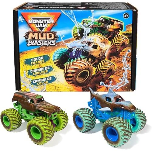 Monster Jam Mud Blasters, Grave Digger and Megalodon Color Changing Trucks 2-Pack, 1:64 Die Cast Vehicle, Kids Toys for Boys and Girls 3 and Up