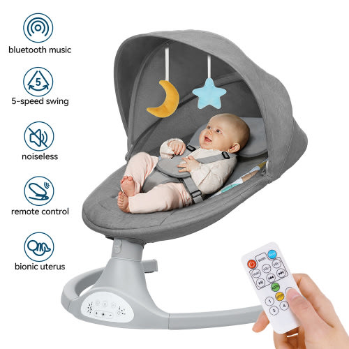 Baby Swing for Infant, Electric Bluetooth Music Bouncer Rocker with 5 Sway Modes, 3 Timing, Gray