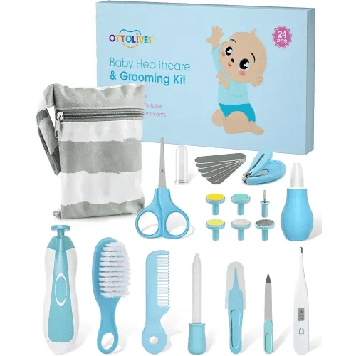 OTTOLIVES Baby Healthcare and Grooming Kit, 24 in 1 Baby Electric Nail Trimmer Set Newborn Nursery Health Care Set for Newborn Infant Toddlers Baby Boys Girls Kids Haircut Tools (0-3 Years+) (Blue)