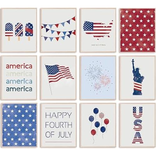 AnyDesign 12Pcs Patriotic Wall Art Prints 4th of July Paper Wall Arts Decor Watercolor American Flag Red Blue Art Posters for Independence Day Home Living Room Decoration, 8 x 10 Inch, Unframed
