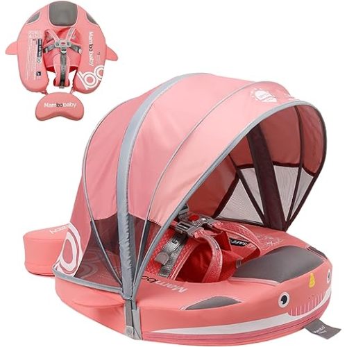 Mambobaby Floats with Canopy &Tail, Non-Inflatable Baby Float for Pool Add Tail Avoid Flip Swim Trainer Baby Floats for Toddler Boys Girls(Narwhal-Pink)