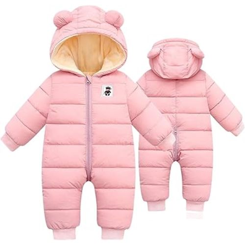 BYFRI Baby Boys Girls Snowsuit Newborn Cozy Winter Coat Infant Bear Hooded Jumpsuit Toddler Snow Outfit for 0-24 Months