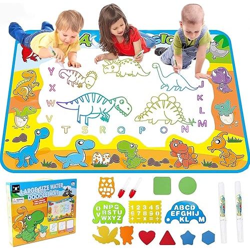Kids Dinosaur Water Doodle Mat - Large Mess Free Coloring Painting Pad Drawing Magic Water Canvas Toddler 1-3 Reusable Floor Outdoor Art Toy Education Birthday Valentines Day Gifts Boys Girls Ages 2-4