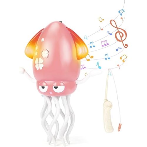 Dancing Octopus Toy with Fishing Rod, Tummy Time Toys for Babies - USB Rechargeable with Smart Obstacle Dodging, Electric Musical Dancing Squid Toy, Interactive Gift for Boys & Girls (Pink)
