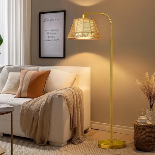 Arc Floor Lamp for Living Room,Rattan Boho Floor Lamp with Hand-Woven Wicker & Fabric Shade, Foot Switch,Gold Metal Base & Pole,Farmhouse Standing Lamp for Bedroom Corner,Office,Reading
