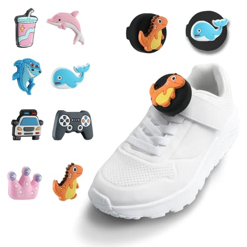 2 Pack Cute Cartoon AirTag Holder for Kids 8 Pcs Replaceable Fun Characters Hidden Silicone AirTag Tracker Cases for Children Shoes(Black A)