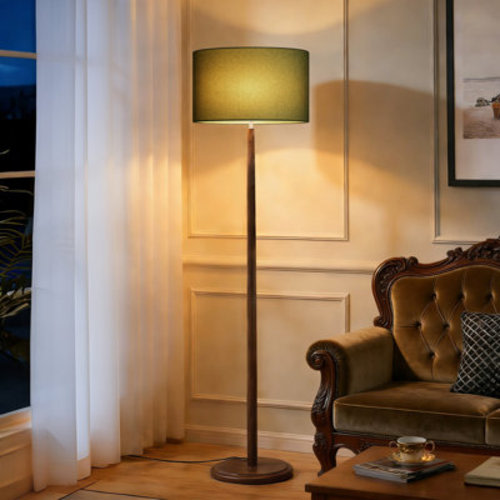 61 In. Nordic Solid Wood Floor Lamp With Linen Drum Shade, Walnut Finish, Foot Step Switch, E26 Socket | Wayfair