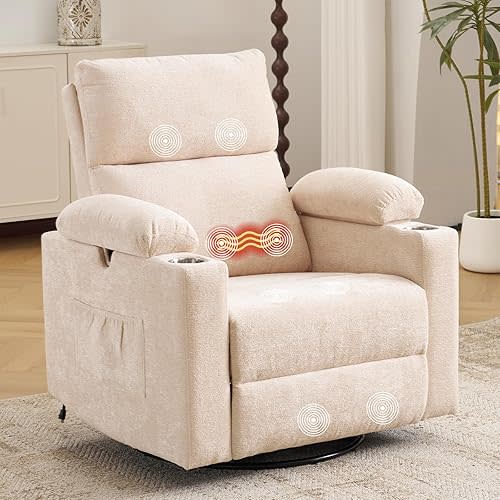 Rocking Chair Nursery with Adjustable Armrests, Electric Glider Recliner Nursing Chair for Breastfeeding, Power Swivel Recliner Chairs with Massage and Heat, Adjustable Headrest , FSC Certified, Beige