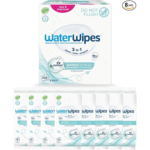 WaterWipes Sensitive+ On The Go Wipes, 3-In-1 Cleans, Cares, Protects, 99.9% Water, Unscented & Hypoallergenic Wet Wipes, 224 Count (8 Packs)