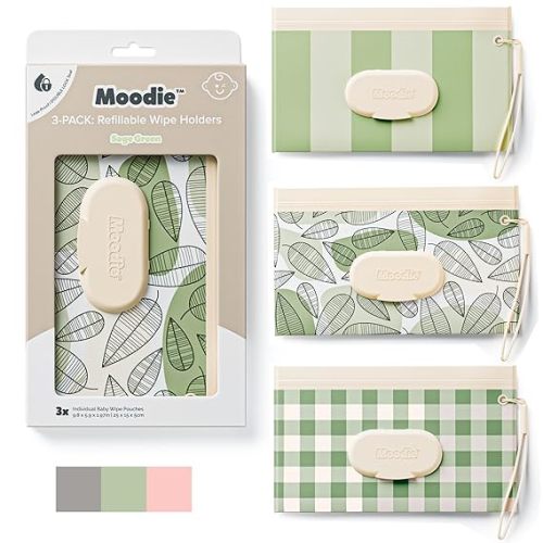 Moodie NEW 3 PACK Baby Wipes Holder | Refillable Wipes Container w/DOUBLE-LOCK SEAL |Travel Wipe Case | Portable Wipe Dispenser for Diaper Bag w Silicone Strap | Reusable Wipes Pouch (ROSIE PINK)