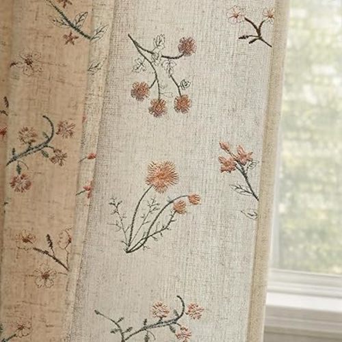 Floral Embroidered Linen Blend Curtains for Bedroom, 96 Inch Light Filtering Spring Farmhouse Vintage Drapes Beige Flower Window Treatments for Living Room Rod Pocket, Set of 2 Panels
