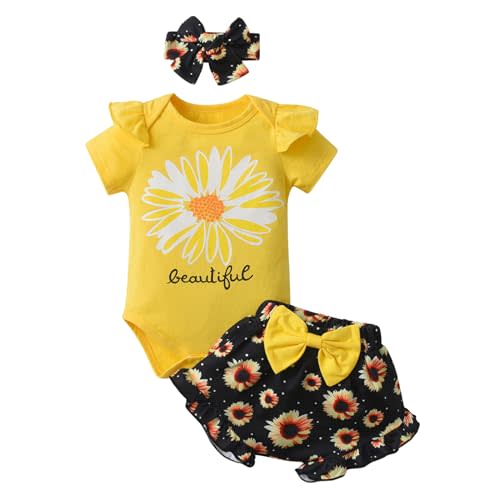 Infant Baby Girl Clothes Summer Ruffle Sleeve Romper Floral Shorts Headband 3Pcs Outfits Set