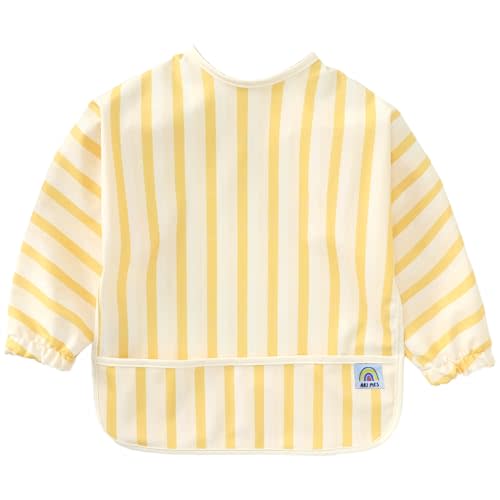 ARI MES Waterproof Long Sleeve Baby Bib for Eating-Yellow Stripes Pattern, Small-Toddler Smock with Catch-All Pocket, BPA Free, Machine Washable, Wearable Feeding Bib for Boys & Girls 6-72 Months