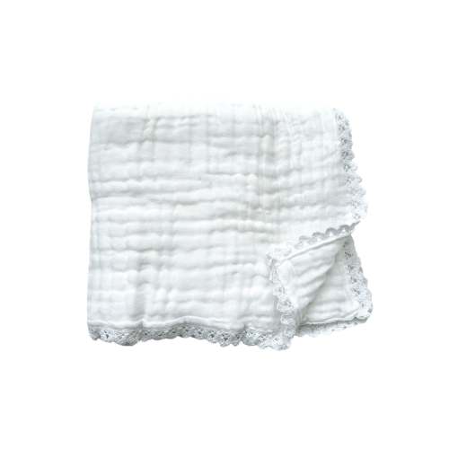 White Organic Muslin Cotton Lace 6-Layer Baby Blanket