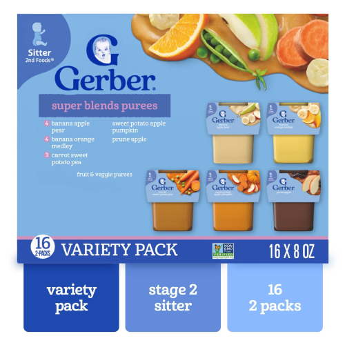 Gerber 2nd Foods Natural Baby Food, Variety Pack, 4 oz Tubs, 32 Pack, Stage 2 Puree