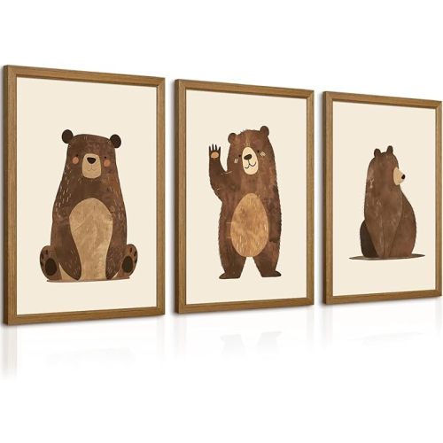 Nursery Wall Art Baby Canvas Pictures Bear Wall Decor Boys Room Prints Kids Poster Cute Animal Theme Pictures Woodland Bear Painting Neutral Children Artwork for Bedroom 12x16 Inch Framed Set of 3