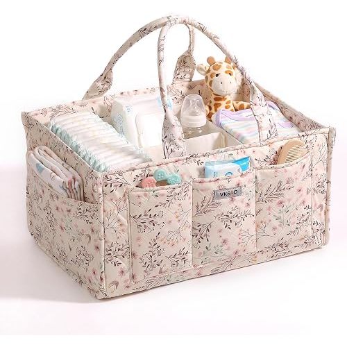 Large Floral Diaper Caddy Organizer Nursery Storage Basket, Gift for Baby Shower Diaper Bag Baby Registry Must Have Newborn Essentials, Beige Floral