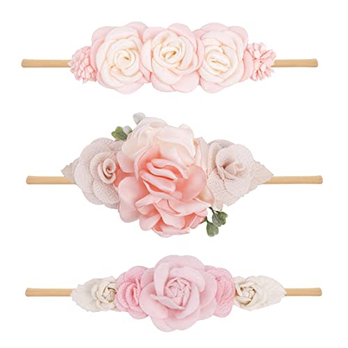 BFNAAgirl Baby Girl Floral Headband Nylon Flower Crown Elastic Hairband 3pcs Hair Accessories Gift for Girls (YM8)