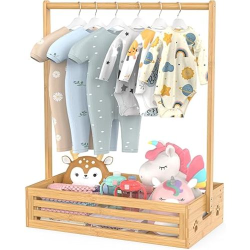 BAMBOOHOMIE Baby Clothing Rack for Toddler, Pets Clothes Rack with Storage Box & Adjustable Hanging Rod for Dogs/Cats, Baby Shower Clothes Closet Rack with Handle for Nursery Room (Natural, Baby)