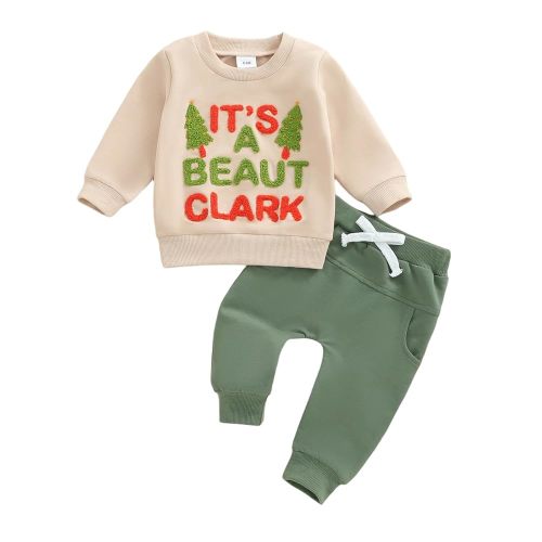 Toddler Baby Boy Christmas Outfit Letter Embroidery Tops Sweatshirt Elastic Waist Pants Set Cute Infant Fall Clothes