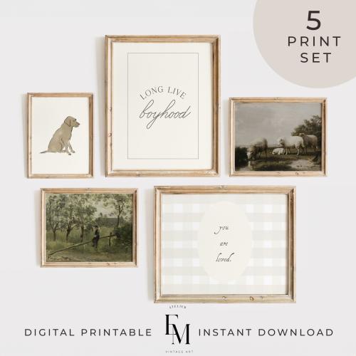 Boy Nursery Decor Golden Big Boy Room Art Green Decor Kid's Room Decor Child Print Wall Art Green Vintage Dog Country Classic Wall Art Set