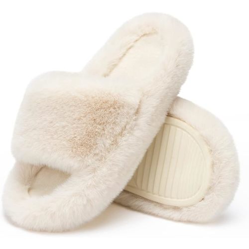 Chantomoo Women's Blue Memory Foam Faux Fur Lined Open Toe Slippers for Women - US 9