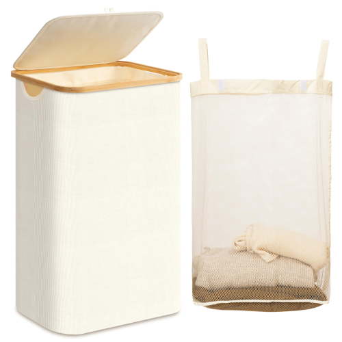 HBlife 120L Slim Laundry Hamper with Lid and Removable Inner Bag,Beige