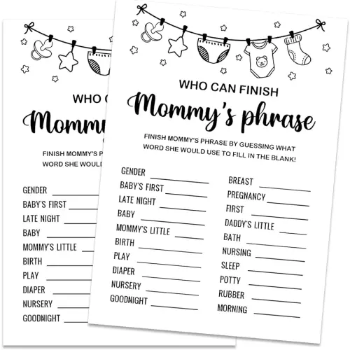 Baby Shower Games, Who Can Finish Mommy's Phrase Baby Shower Game, Gender Reveal Party Supplies, Baby Shower Decorations, Baby Shower Party Games Supplies & Activities, 30 Game Cards Included