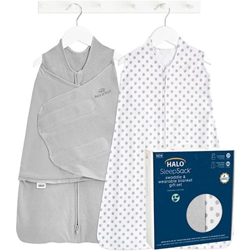HALO Sleepsack Swaddle 3-6 Months and Wearable Blanket 6-12 Months 100% Organic Cotton 2-Piece Gift Set with Box, TOG 1.5, Cloud