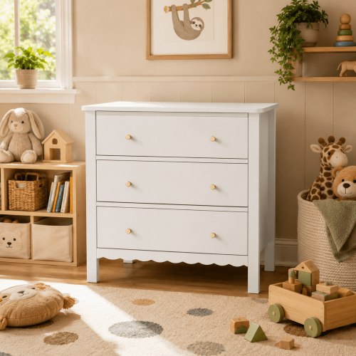Miniyam Kids 3 Drawer Dresser, White MDF Storage Chest with Gold Knobs for Kids Bedroom, Playroom and Toy Room