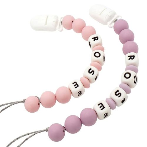 Personalized Pacifier Clip with Name, Customizable Pacifier Clip (2 Pack) (Light Pink + Lavender)