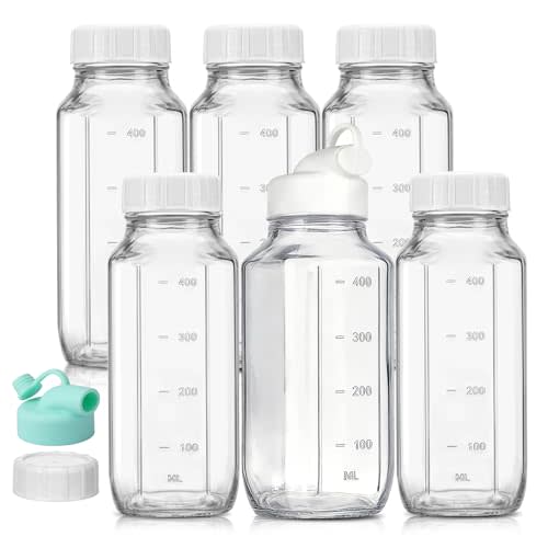 CUCUMI 6 Pack 16 Oz Glass Milk Bottles with Lids, Glass Juice Bottles with Scale & Silicone Pour Spout, Reusable Juice Containers Square Drinking Jars for Milk, Coffee, Smoothies, Water