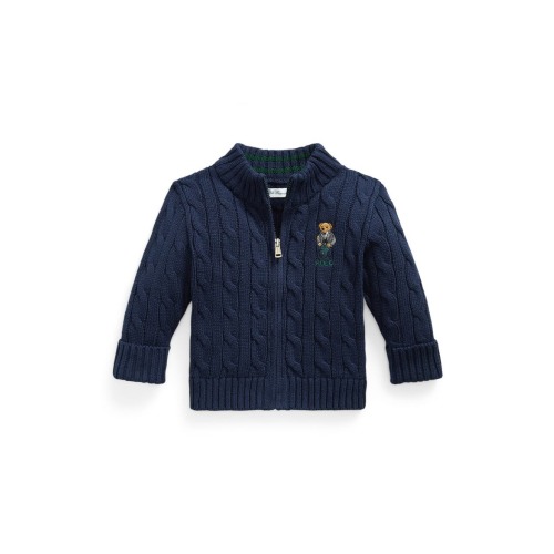 Kids' Polo Bear Cable Knit Full Zip Cotton Sweater