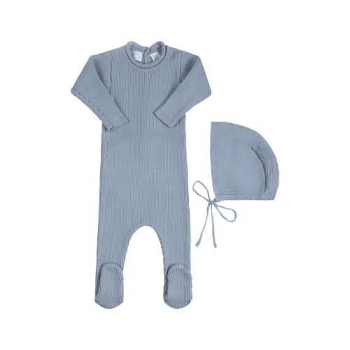 Rolled Collar Rib Knit Footie & Bonnet Set