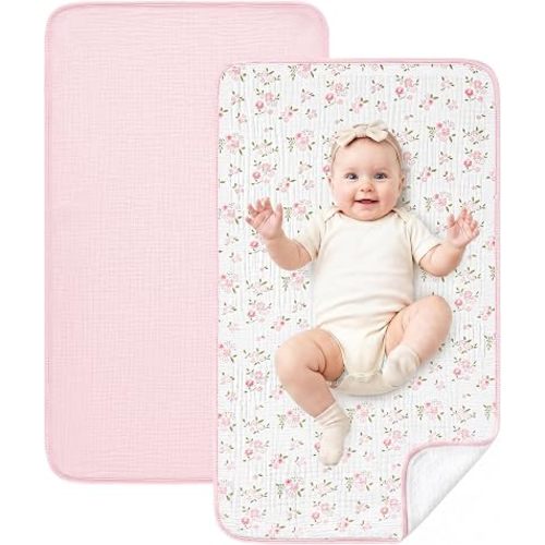 Eterish 2 Pack Waterproof Muslin Cotton Portable Changing Pad 30"x 17", Soft & Foldable Changing Pad Liner with Terry Backing, Travel Baby Changing Mat for Newborn Girls Boys