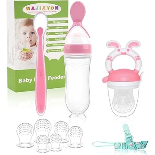 WAJIAYON Baby Fruit Feeder Pacifier | Infant Food Feeder Pacifier & Baby Food Dispensing Spoon | Mesh Fresh Fruit Teethers for Babies | Infant Teething Feeders Shower Gifts for Boys and Girls(Blush)