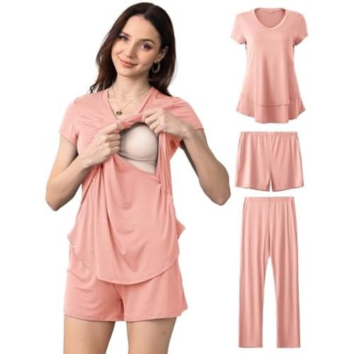 SUNNYBUY 3 PCS Maternity Breastfeeding Pajamas Set, Hidden Nursing Tops, Adjustable Pregnancy Shorts & Pants Postpartum PJS