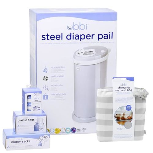 Ubbi Diaper Changing Value Gift Set, Baby Registry Gift, Includes Gray Diaper Pail, Absorbing Gels, Travel Changing Mat & Bag, Diaper Pail Waste Bags and On-the-Go Waste Sacks - Value Set
