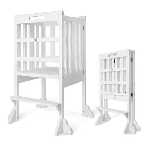 Kitchen Step Stool Helper - WOOD CITY Montessori Foldable Toddler Standing Tower for Toddlers with Safety Rail Height Adjustable Ideal Helper for Learning New Skills Natural Pine Wood (White)