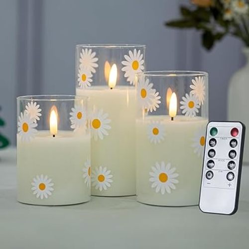 Daisy Flameless Candles Battery Operated with Remote, Real Wax Glass LED Flickering Candles, Gifts for Women, Home Tabletop Wedding Decor, Clear (3 x 4,5",6")