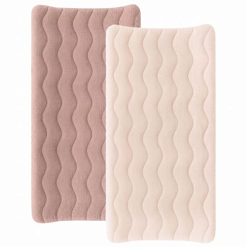 Konssy 2 Pack Quilted Muslin Changing Pad Cover, Waterproof Layer 32" x 16"