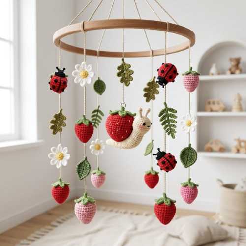Handmade Crochet Strawberry Baby Mobile, Crochet Crib Mobile with Snail Ladybug Flowers, Nursery Mobile Decor for Baby Girl Room Gift