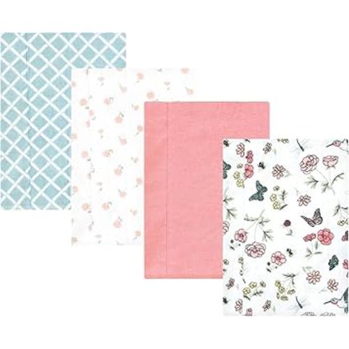 Hudson Baby Unisex Baby Cotton Flannel Burp Cloths, Hummingbird Garden 4 Pack, One Size